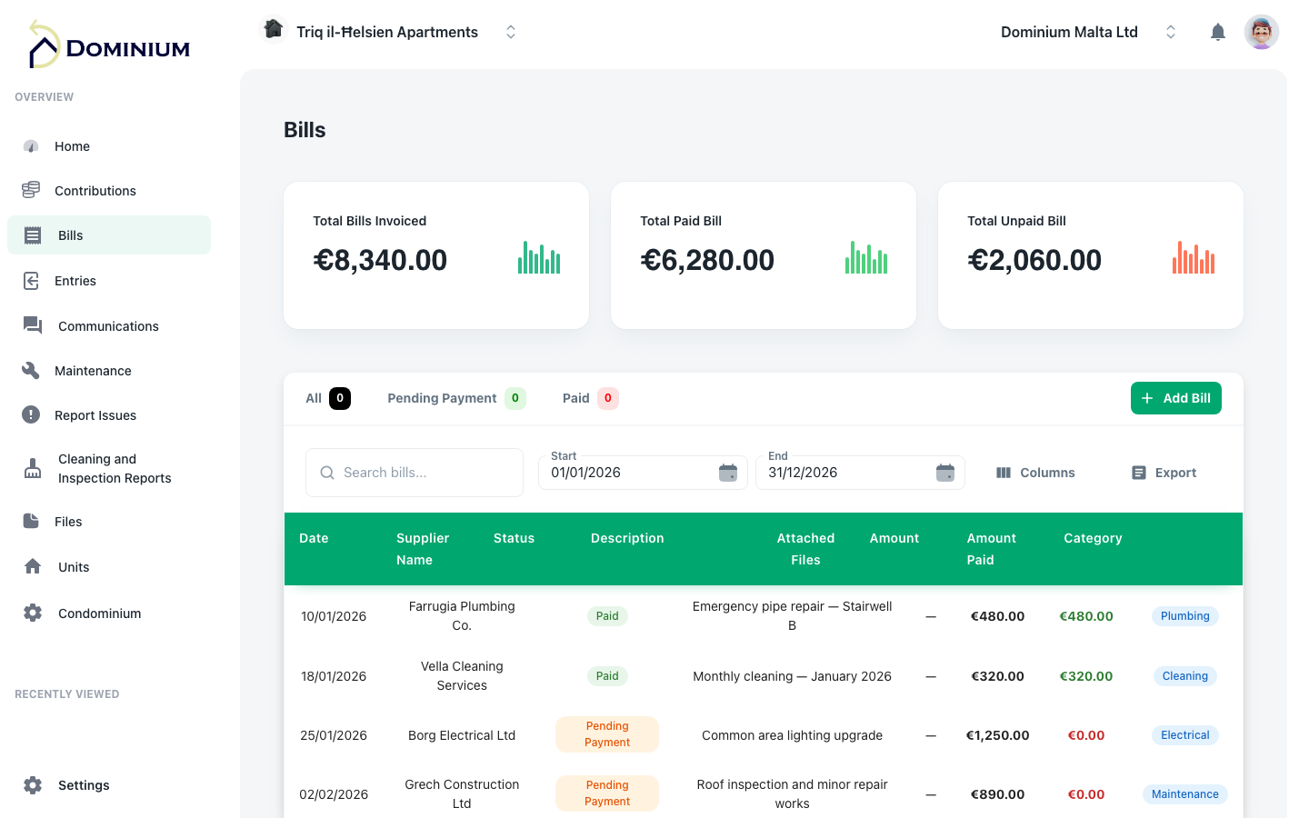 Dominium pay contribution fee screen — Malta client portal
